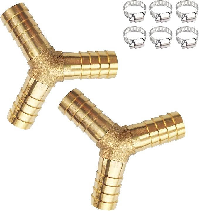 2PCs 1/4" Brass Hose Barb Fitting 3 Way Y Shape Barbed Splicer Mender Union Fitting with 6PCs Hose Clamp for Oil Water Air