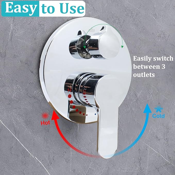 Solid Brass 3 Way Round Pressure Balancing Mixer Shower Valve Replacement Wall Mount Shower Diverter Valve Kit Shower Control Valve Polished Chrome