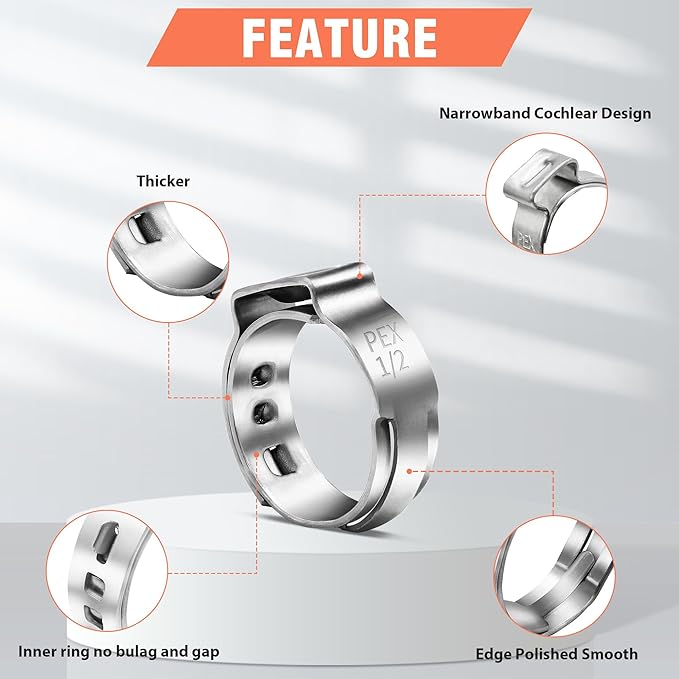 60pcs 1/2 inch PEX Cinch Clamps Rings, 304 Stainless Steel Single Ear Hose Clamps, Pex Crimp Rings for PEX Tubing Pipe Fitting Connections