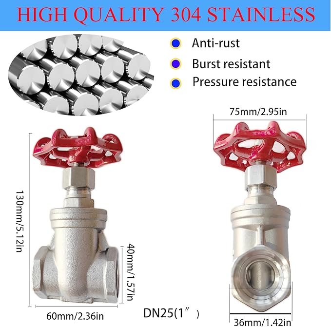 304 Stainless Steel Gate Valve DN25, 1" NPT Stainless Steel Female Threaded Rotary Globe Valve for Water Flow Switches, Fuel Water Vapor, Air Switches, Air Compressors and Sump Pumps, etc