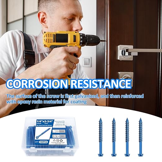 100PCS Concrete Screws Assortment Kit, 1/4" x 2-3/4" Masonry Screws with Drill Bit and Driver Bit, Hex Head Cement Screws and Anchor, Diamond Point, Self Tapping Concrete Brick or Stucco, Blue Coated
