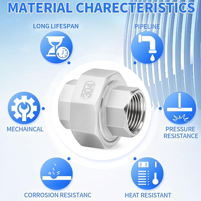 ChillWaves 304 Stainless Steel Cast Pipe Fitting, Union，3/8" NPT Female，Thread Adapter(2-PACK)