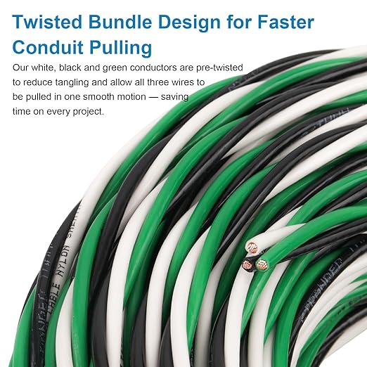 12 AWG THHN Wire 25FT 3-Color Set (Black/White/Green) – Stranded Copper, Pre-Twisted Conductors, THHN/THWN-2 Rated, 600V, Nylon Jacket for Conduit, Residential & Commercial Wiring