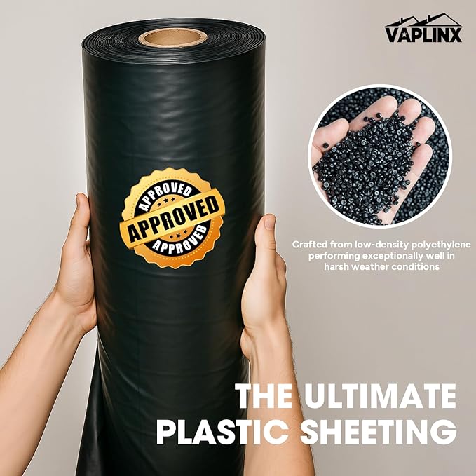10 Mil Black Plastic Sheeting 5x100 FT – Heavy Duty Polyethylene Plastic Rolls for Garden, Black Plastic Rolls for Crawl Space Vapor Barrier, Construction, Landscaping, Weed and Moisture Control