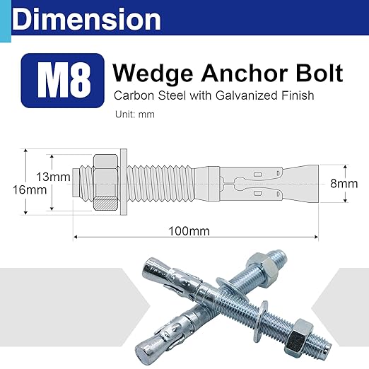 10Pcs 5/16" × 3-1/8" Concrete Anchor Bolts, Zinc Plated Carbon Steel Wedge Anchors for Cement, Brick, and Masonry