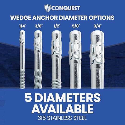 Conquest 316 Stainless Steel Concrete Wedge Anchors 3/8" x 3" - Heavy Duty Anchor Bolts for Marine, Coastal, and Outdoor Environments (50 Pack)