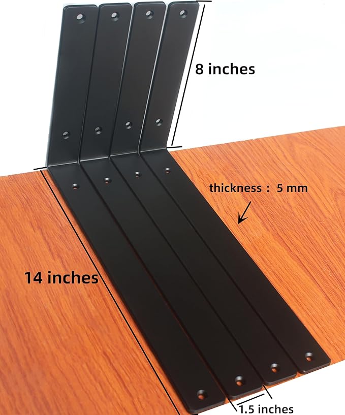 12 Pack - L 14" x H 8" x W1.5, 5mm Thick Black L Shelf Bracket, Iron Shelf Brackets, Metal Shelf Brackets, Floating Shelf, Shelf Supports with Screws