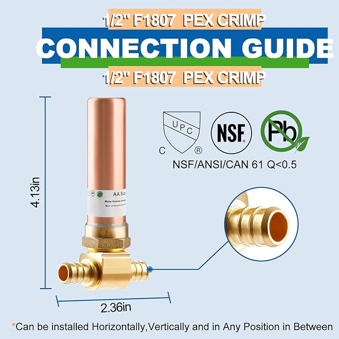 2pcs Copper Water Hammer Arrestor, 1/2 Inch Pex Crimp Tee Hammer Arrestor For Potable Water Plumbing Application, F1807 Tee Connection