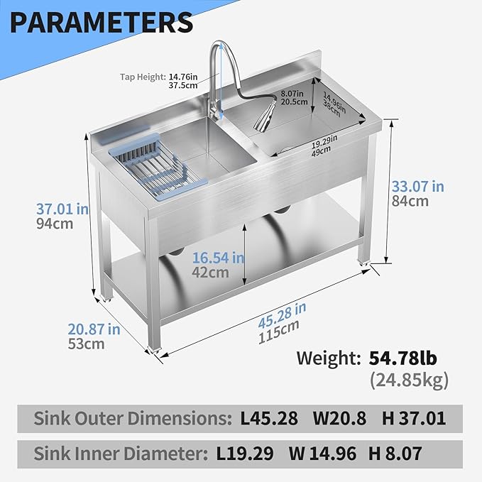 47Inch 2-Compartment Commercial Sink, Stainless Steel Utility Sink with Pull-out Faucet, Free Standing Double Bowl Kitchen Sink for Restaurant, Garage, Shop, Cafe