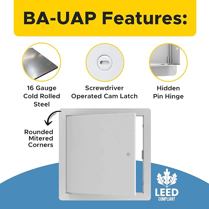 Best 24" x 30" Universal Access Panel – Flush Steel Door with Exposed Flange for Walls or Ceilings, 16-Gauge Cold Rolled Steel Frame, Screwdriver Cam Latch, White Powder-Coat Primer Finish, BA-UAP