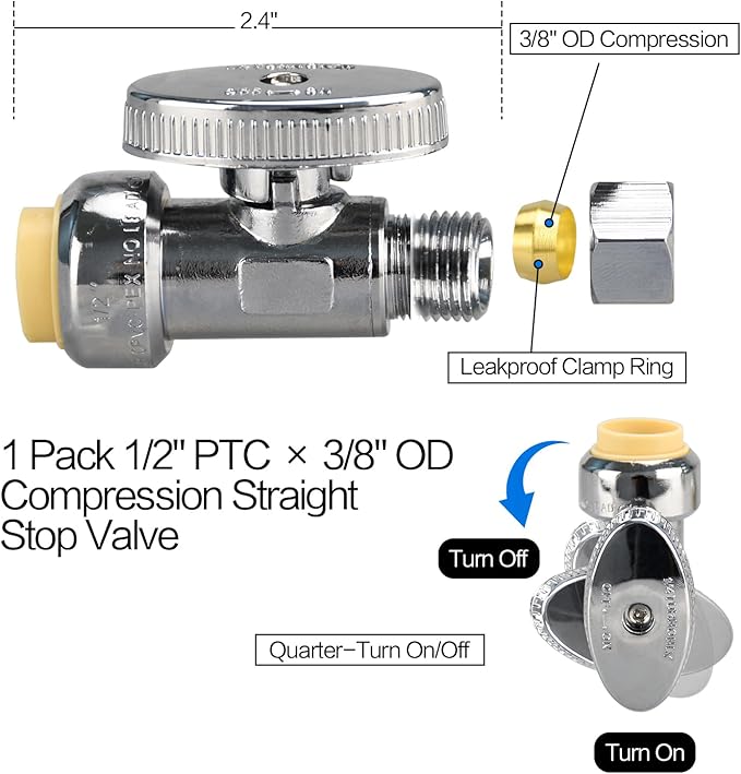 10pcs Stop Valves, 1/2" × 3/8" Straight Stop Valve, 1/2" PTC Input, 3/8" OD Compression Output, Push to Connect, 1/4 Turn, Chrome Plated Brass for Faucet, No Lead