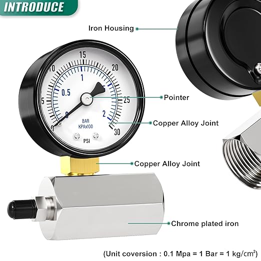0-30PSI Gas Test Pressure Gauge, 2" Dial Size, 3/4" FNPT Connection, -3-2-3% Accuracy, Brass Valve, Chrome Plated Steel Body Assembly, for as Well as Gas line, air Circuit, Pressure Test