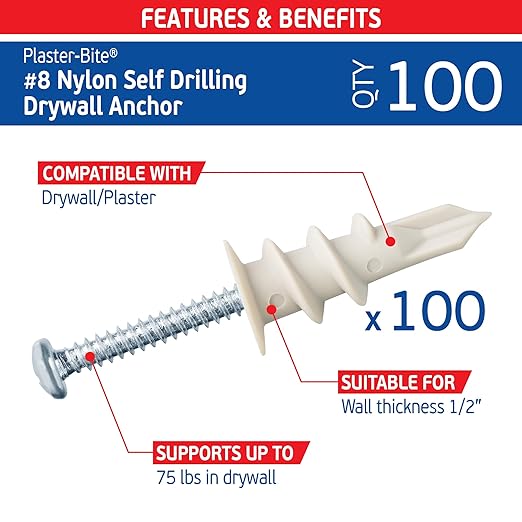 Nylon Self-Drilling Drywall Anchors w/Screws (100 Anchors & 100 Screws) – Premium Nylon 66 Hollow Wall Anchors for 3/8"-5/8" Drywall – Shock-Resistant Hold, Easy Install - 75lb Holding Strength