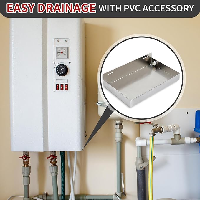 Blulu Water Heater Drain Pan Wall Mounted Tankless Stainless Steel Heater Pan 20" x 13" x 2.5", Water Damage Prevention No Leak Welded and Waterproof