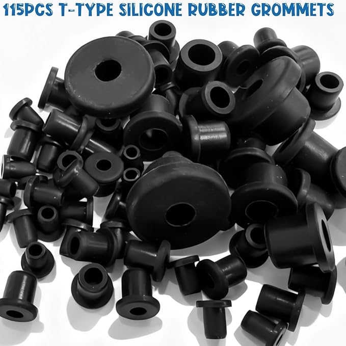115 Pcs T-Type Silicone Rubber Grommet Kit, 6 Sizes Bushings for Wiring, T-Type Design Grommets for Hydroponics, Valve & Pipe Repair, Cable Protection in Automotive, Gardening & Industrial Use