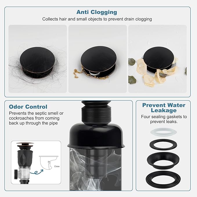 iFealClear Bathroom Sink Drain Kit, Flexible P-Trap Drain Pipe with Pop Up Stopper, Sink Pipe Replacement with 2 Adapters, Fit 1-1/4'', 1-1/2'', 2” Holes, Big Cap, Brass Bounce Core, Oil Rubbed Bronze