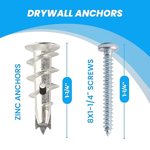 Zinc Drywall Anchors and Screws Kit – 30pcs #8 x 1-1/4” Self Drilling Metal Wall Anchors – Heavy Duty Drywall Anchors Hold Up to 75lbs – No Pre-Drill Required