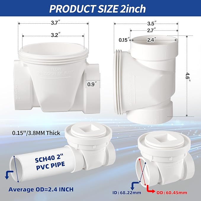 2" White PVC Backwater Valve, Sewage and Rainwater Backflow Preventer