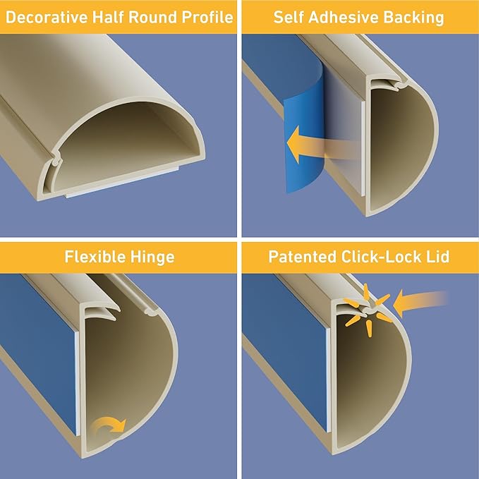 D-Line 13.12ft Cord Hider Kit, Patented Cable Cover, Hide Wires on Wall, Channel for TV Mount Cords, Raceway Wire Hiders, Paintable, Adhesive, Half Round, 4X 1.18in W x 0.59in H x 39in Lengths, Beige