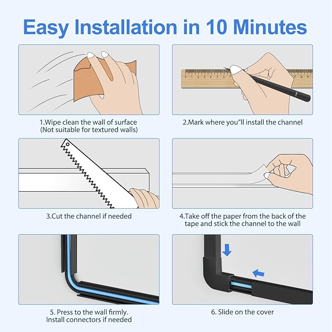 Yecaye Cord Hider, 113in Medium Cord Covers for Wires on Wall, Cord Organizer for 2-3 Wires, Easy Install Cable Management Kit, TV Cable Hider for Home Office, W0.95in H0.55in, Black