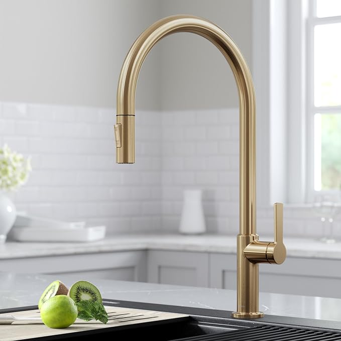 KRAUS Oletto High-Arc Single Handle Pull-Down Kitchen Faucet in Spot Free Antique Champagne Bronze, KPF-2821SFACB