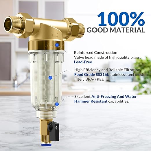 SimPure 100/500 Micron Spin Down Sediment Filter, Reusable Whole House Sediment Water Filter, Pre-Filtration System for City/Well water, 1" MNPT + 3/4" FNPT + 3/4"MNPT, BPA Free