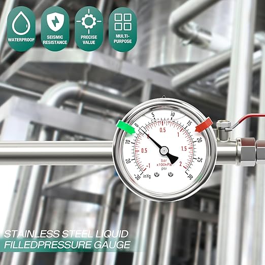 -30inHG-30PSI Stainless Steel Liquid Filled Pressure Gauge, 2.5" Dial Size, 1/8" NPT Back Mount, for Tube, Water Pump, Gas, Liquid, Pressure Test (with Range Mark Pointer)