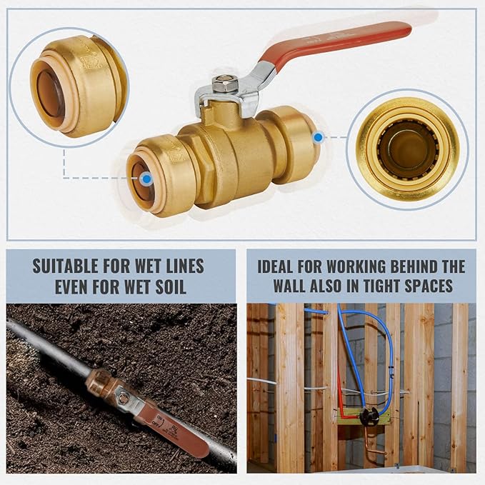 Shut off Ball Valve 1 Inch, SUNGATOR 1 Inch Ball Valve, Push-to-Connect Water Shut off Fittings, No Lead Brass Push Plumbing Fittings for PEX Pipe, Copper, CPVC, Pack of 1