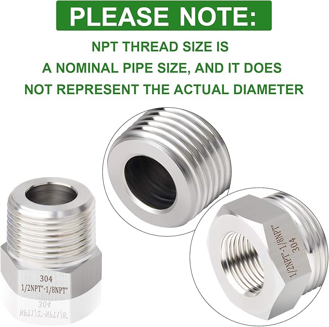 TAISHER 5PCS Forging of 304 Stainless Steel Reducer Hex Bushing, 1/2" Male NPT to 1/8" Female NPT, Reducing Forging Pipe Adapter Fitting