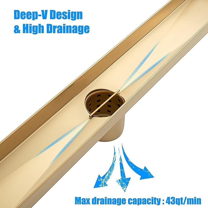 36 inch Linear Shower Drain with Removable Square Hole Panel by Using Brushed 304 Stainless Steel Process, Linear Drain Equipped with Adjustable Feet and Hair Strainer(Brushed Gold Color)