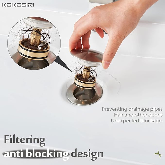 KOKOSIRI Bathroom Sink Drain with Detachable Hair Catcher, Brushed Nickel Pop Up Sink Drain with Strainer Basket Anti Clogging for Vanity Vessel Sink with Overflow, C1001BR