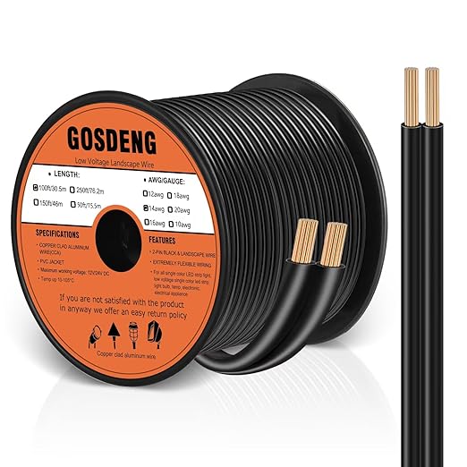 14/2 Electrical Wire 2 Conductors, 100ft 14awg Wire Black Cable Hookup LED Lighting Strips Flexible Outdoor Extension Cord 14 Gauge Copper Clad Aluminum Wire Low Voltage Cable