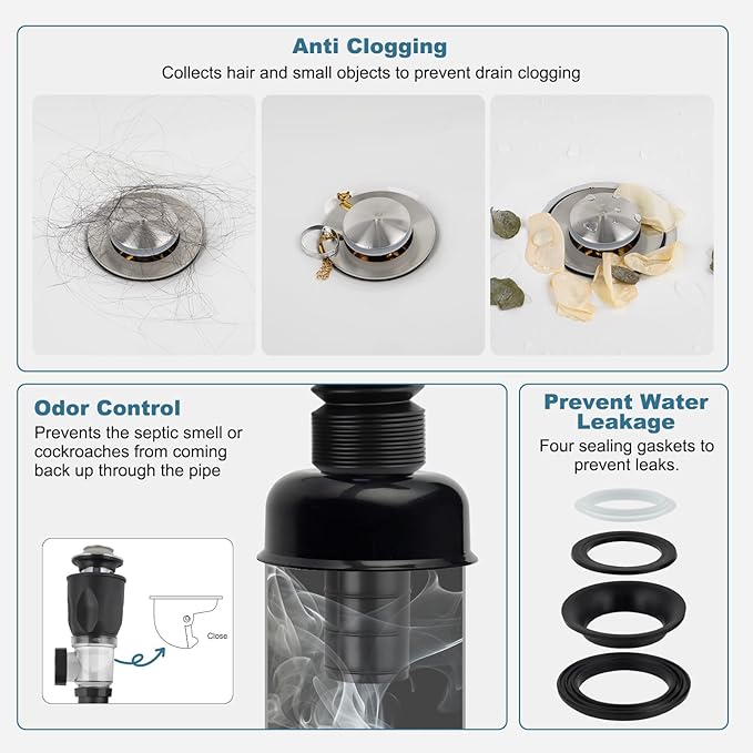 iFealClear Bathroom Sink Drain Kits, Flexible P-Trap Drain Pipe with Pop Up Stopper, Bathroom Sink Pipe Tube Replacement with 2 Adapters, Fits 1-1/4'', 1-1/2'', 2" Holes, Hair Catcher, Brushed Nickel