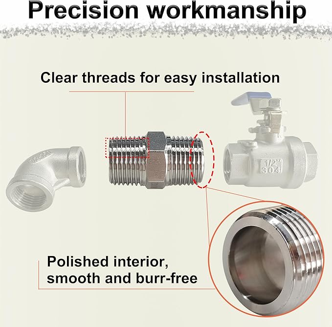 3/8" NPT Male Hex Nipple Pipe Fittings, 304 Stainless Steel 3/8 inch Threaded Pipe Adapter Fittings Equal Nipples Connectors, 4pcs Male Straight Connector Pipe Fitting