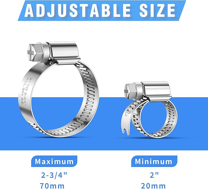 12PCS Heavy Duty Hose Clamps Stainless Steel 304, 2" Hose Clamp to 2-3/4" Hose Clamp (50-70mm) Adjustable Worm Gear Drive Hose Clamps,Reusable Pipe Clamp for Automotive, Garden and Industry