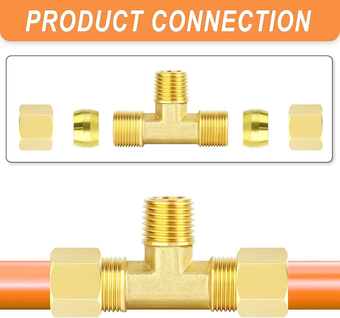 GASHER 5PCS Brass Compression Tube Tee Pipe Fitting Connector，3/8" OD x 1/4" NPT x 3/8" OD，Male Branch Tee
