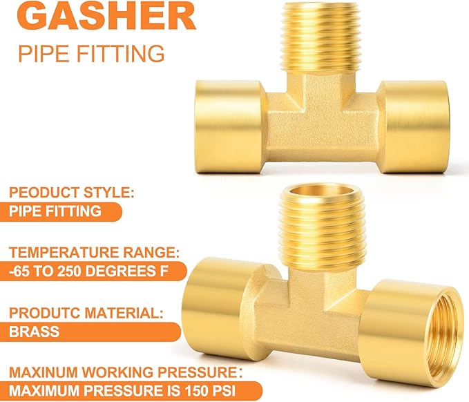 GASHER 2PCS Metals Brass Pipe Fitting Barstock Male Branch Tee T Adapter 1/8" NPT Female x 1/8" NPT Female x 1/8" NPT Male