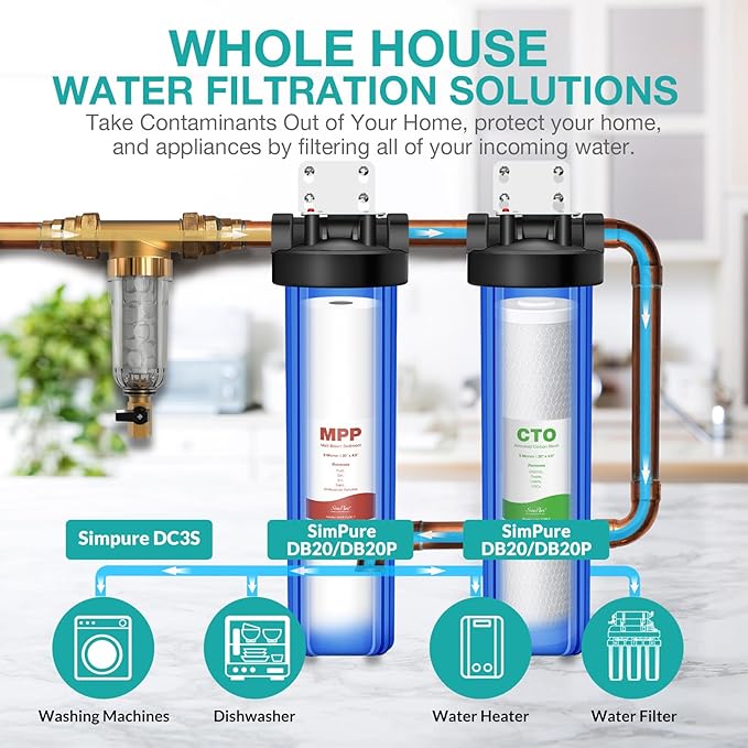 SimPure Whole House Water Filter Cartridges 5 Micron 20" x 4.5" CTO Activated Carbon Block, For DB20P, FC25B, CTO20BB, WHB20, 6 Pack