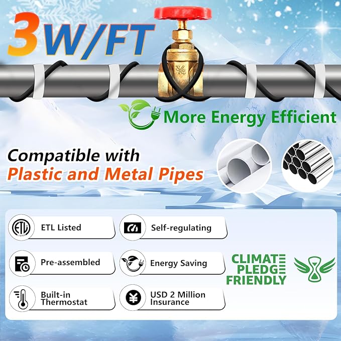 HEATIT 20ft Self-Regulating Pipe Heating Cable for Pipe Freeze Protection, Automatic with Built-in Thermostat for Metal And Plastic Home Pipes, Energy-Saving Heat Tape for Pipes ETL Listed, 120V 3W/FT