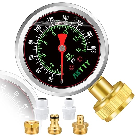 Liquid-Filled Water Pressure Gauge 0-200 PSI/Bar with 5-Piece Kit - Industrial Grade, Tool-Free Installation for Water Heaters, Pool Pumps, RV Plumbing & Irrigation Systems