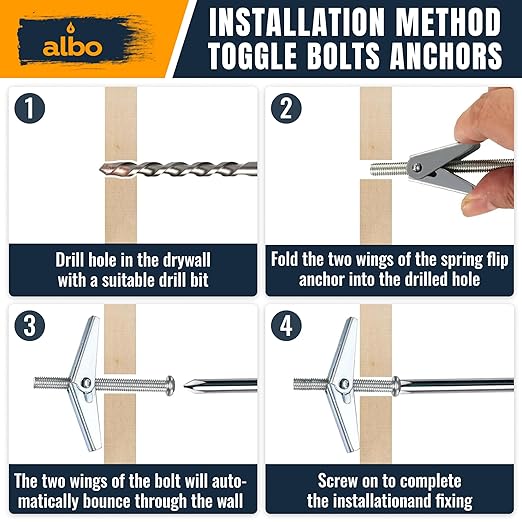 ALBO 25-Piece Heavy Duty Hollow Wall Anchors Kit for Drywall Ceilings with Screw Spring/Includes Toggle Bolts and Wing Nut Assortment in 3 Sizes (1/8in, 3/16in, 1/4in)