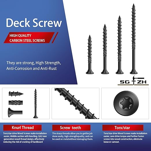 #10 x 2-1/2" Deck Screws (318Pcs) 4lb. Carbon Steel, Black, Flat Head, Rust Resistant epoxy Coated, with T25 Star Bit