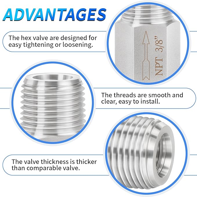 ChillWaves 304 Stainless Steel In-Line Siamese Check Valve 3/8" NPT Male Thread, One-Way Non-return Check Valve，Prevent Water Back-flow(1-PACK)