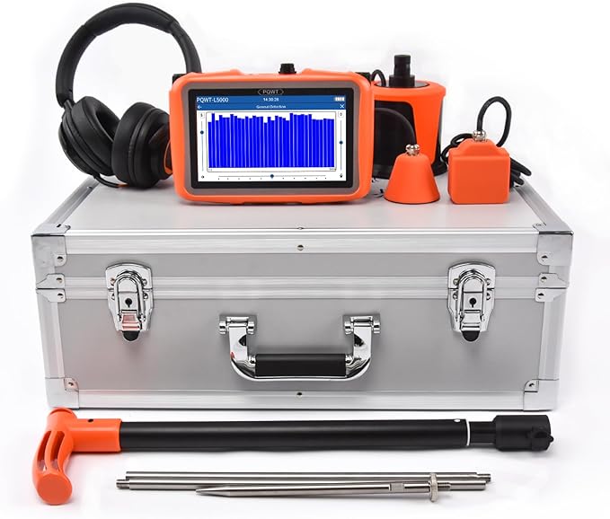 PQWT L5000 Underground Water Leak Detectors Indoor Outdoor Wall Water Pipe Detector Machine Multi Sensor Acoustic Pipeline Leakage Detection Kit Noise Reduction Headphone Smart Touchscreen Carry Case