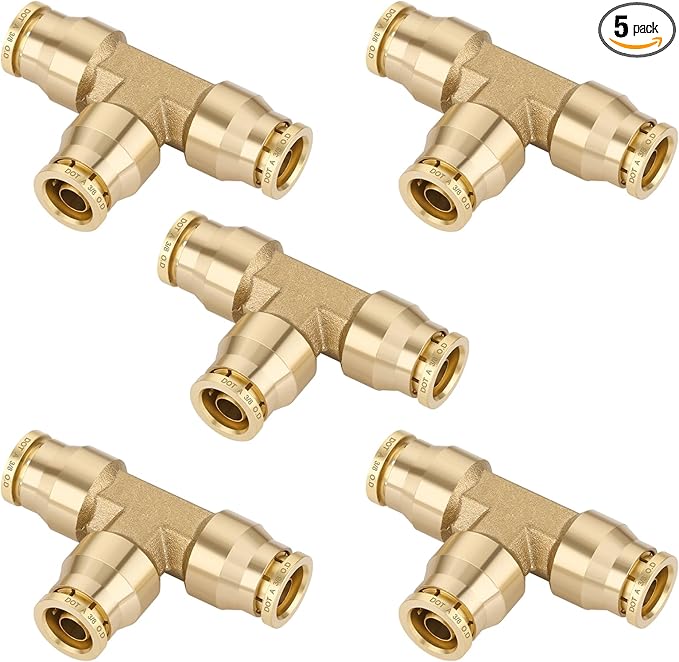 3/8" Quick Push to Connect Fittings Brass Union Tee Shaped Joint DOT Approved 3/8 Inch OD 3 Way Tube Air Line Adapter Air Spring Suspension Kit for Car Truck Trailers and Air Brake System 5pcs