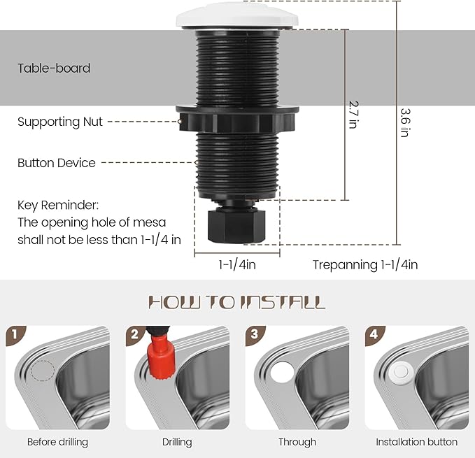 Garbage Disposal Air Switch Kit Sink Top Waste Disposal Long Stainless Steel White On/Off Air Button Food and Waste Disposals Part by Etoolcity, UL Listed
