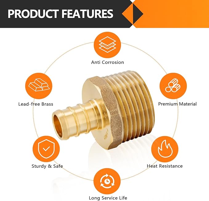 HeSun 50-Pack PEX Fittings, 1/2" PEX x 3/4" Male NPT, Brass Pex Male Adapter, Crimp Fitting for Pex Pipes, ASTM F1807