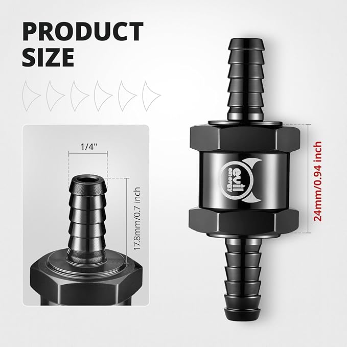 EVIL ENERGY 1/4'' (6mm) Check Valve, 2 Pcs Aluminum One Way Fuel Check Valve for Gasoline, Diesel & Coolant with Universal Hose Clamps, Black