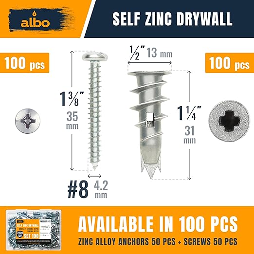 ALBO #6 Zinc Self-Drilling Drywall Anchors, 200PC Set – Includes 100 Heavy Duty Sheetrock Anchors & 100#6 x 1-1/4'' Screws – 75LB Capacity for Hanging and Mounting