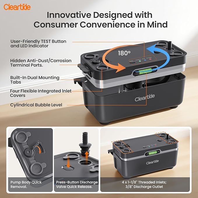Cleartide Condensate HVAC Pump, Ultra-Quiet 25dB, 1/50 HP 110 GPH, Automatic Condensate Removal Pump with Safety Switch for Air Conditioner/Furnace/Dehumidifier, 100-240V, 23.6ft Head Height